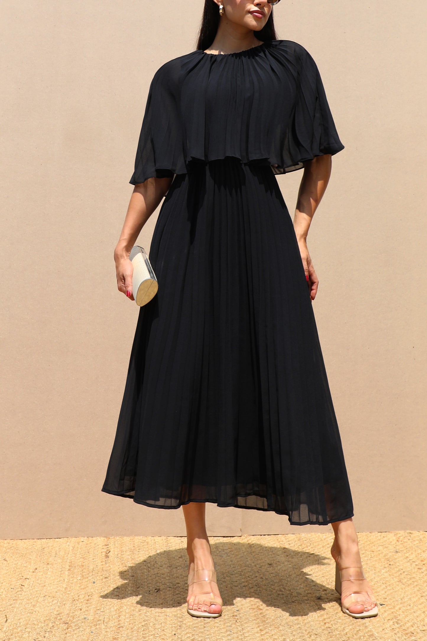 Pleated Cape Midi Dress
