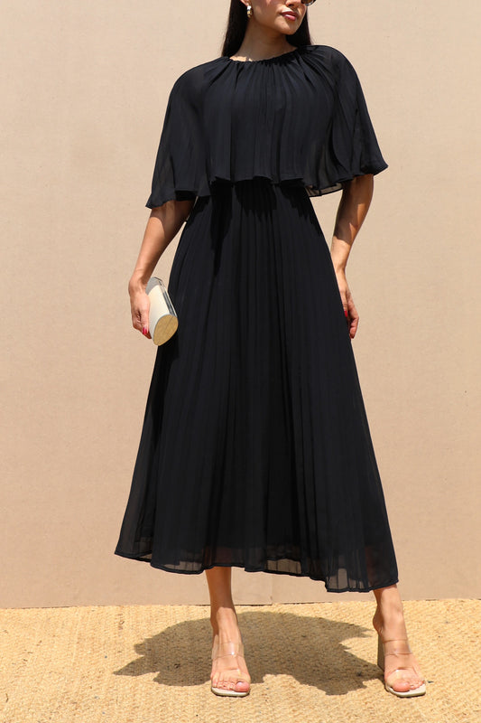 Pleated Cape Midi Dress