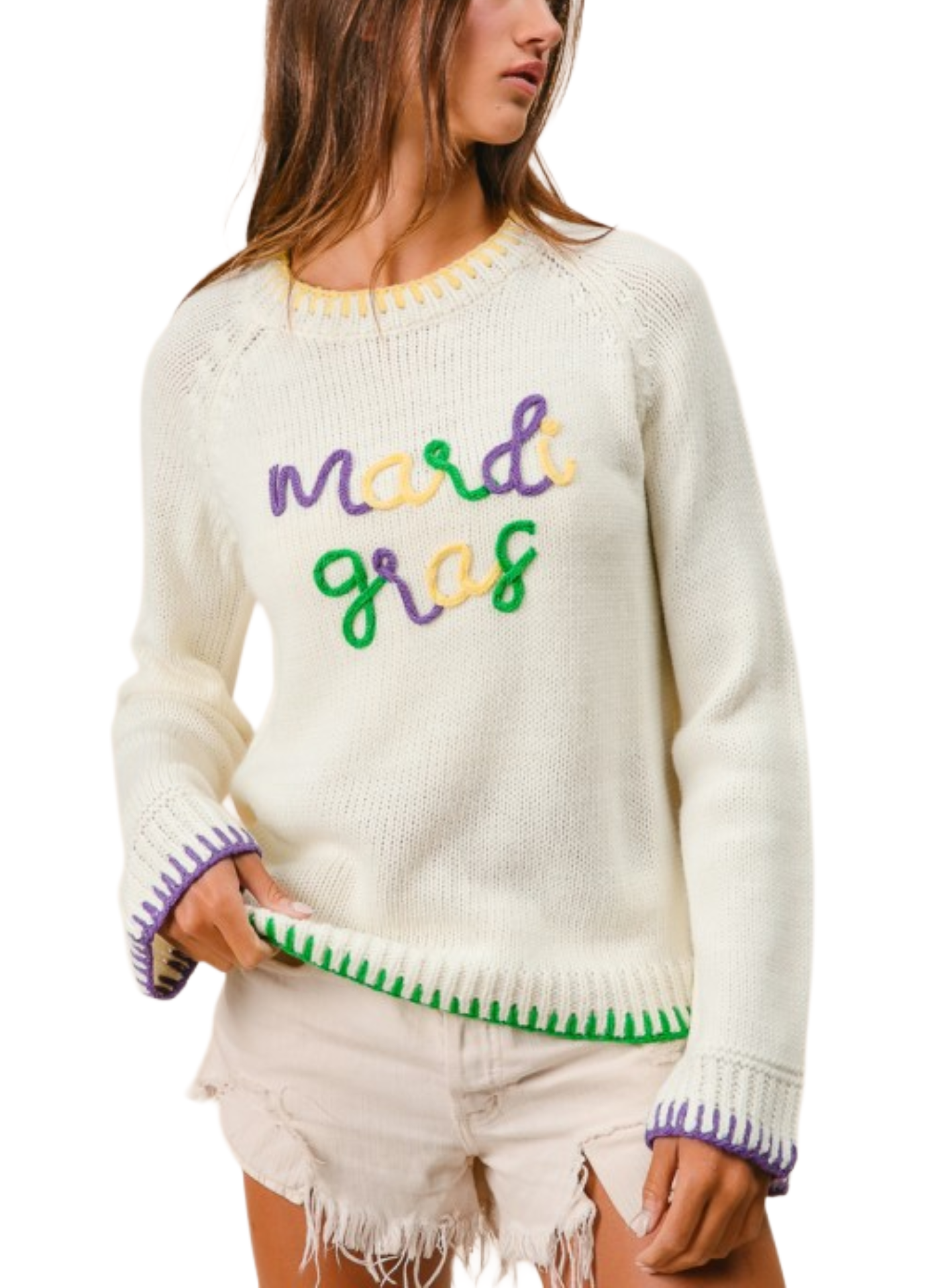 Stitched Mardi Gras Lettering Sweater