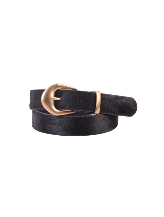 Chocolate Calf Hair Belt with Thick Gold Buckle